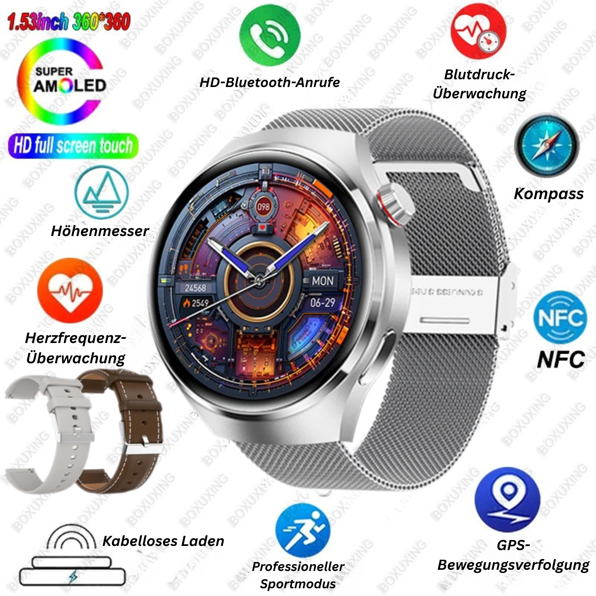 Smartwatch 2025 NFC Bluetooth Anruf GPS Wasserdicht