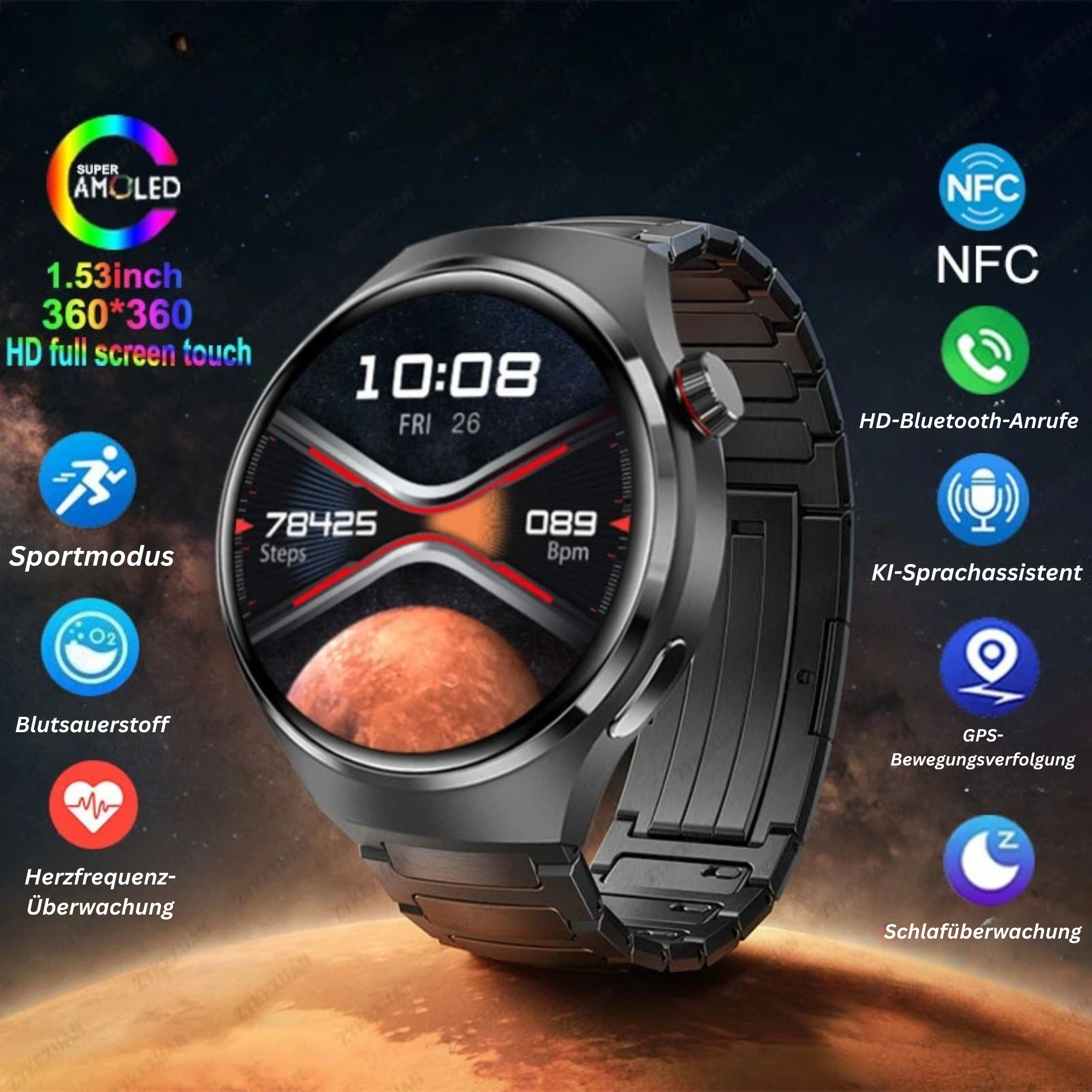 Smartwatch 2025 NFC Bluetooth Anruf GPS Wasserdicht