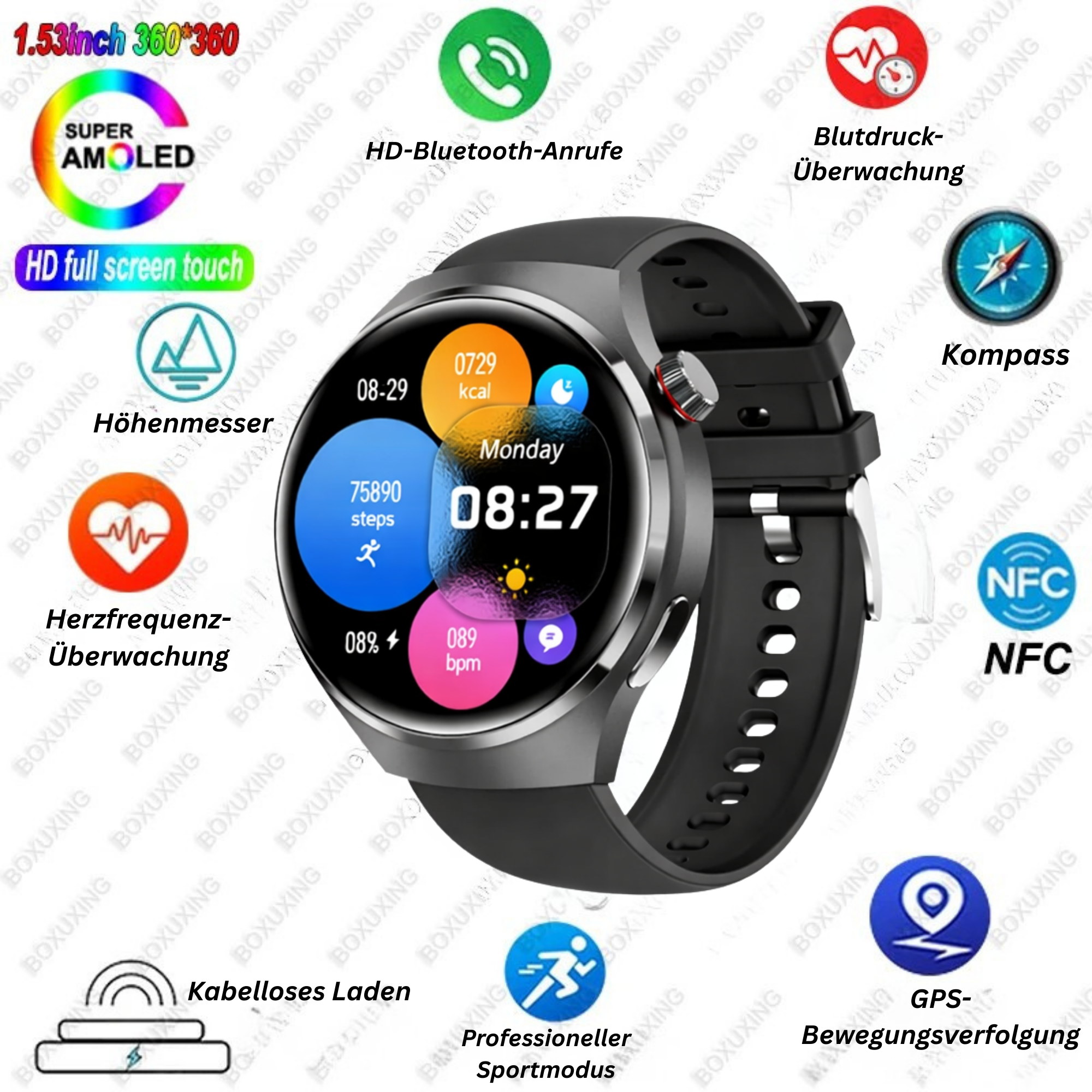 Smartwatch 2025 NFC Bluetooth Anruf GPS Wasserdicht