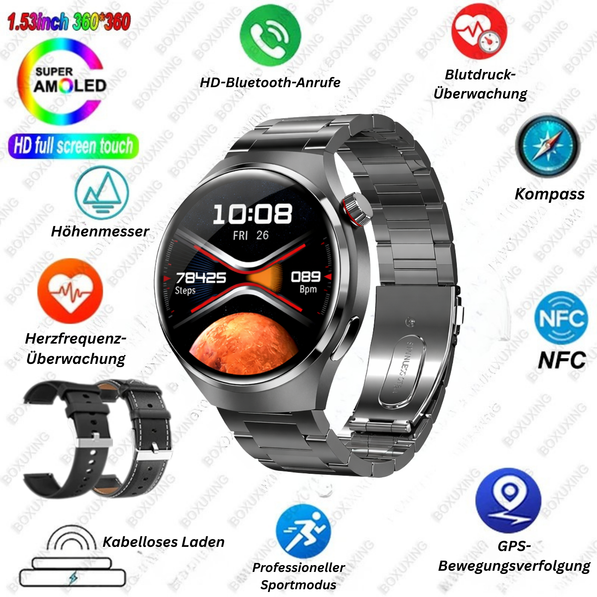 Smartwatch 2025 NFC Bluetooth Anruf GPS Wasserdicht