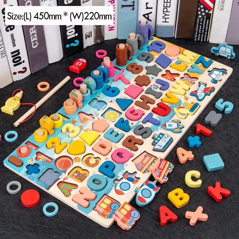 Kinder Montessori Mathe Spielzeug aus Holz – 5-in-1 Lernspaß mit Angelspiel, Zahlen & Formen