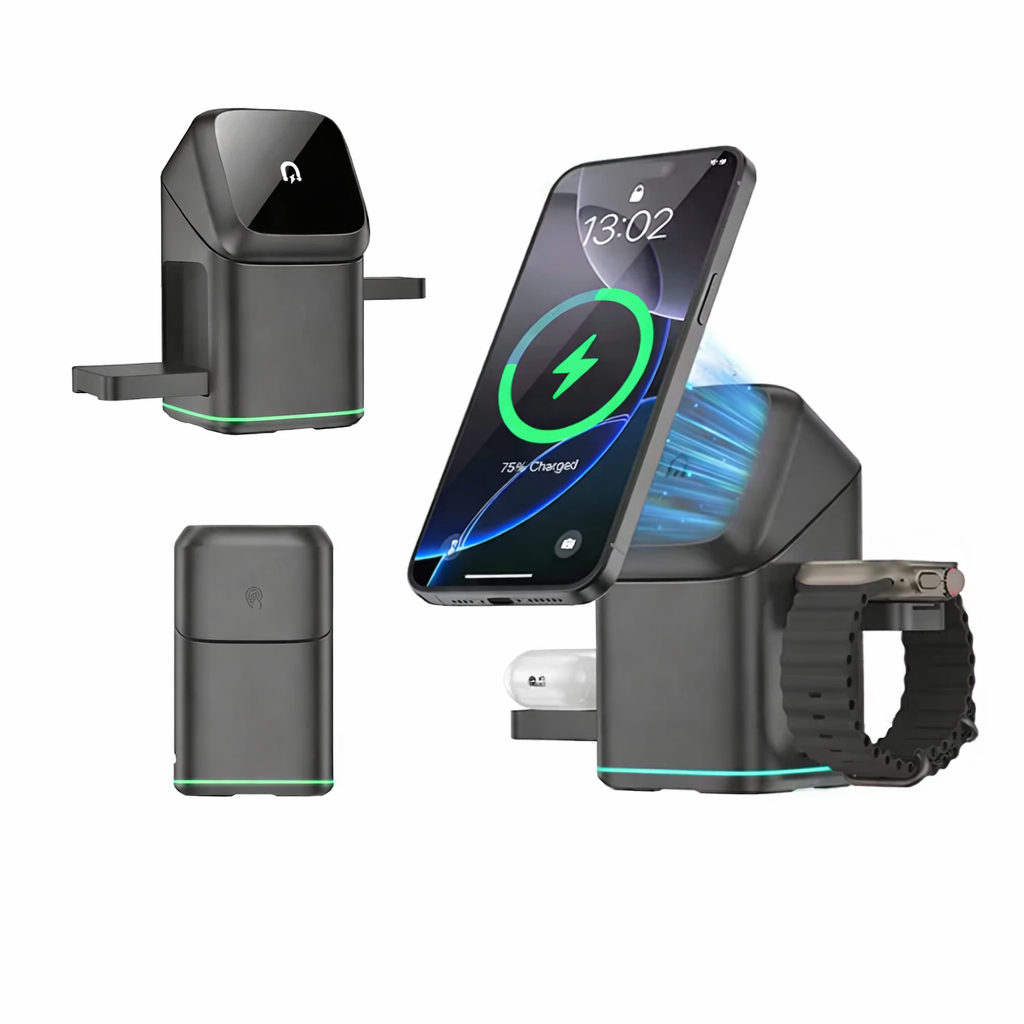 3-in-1 Magnetisches kabelloses Ladegerät – Qi-Wireless-Station für iPhone, Apple Watch & AirPods mit LED-Licht