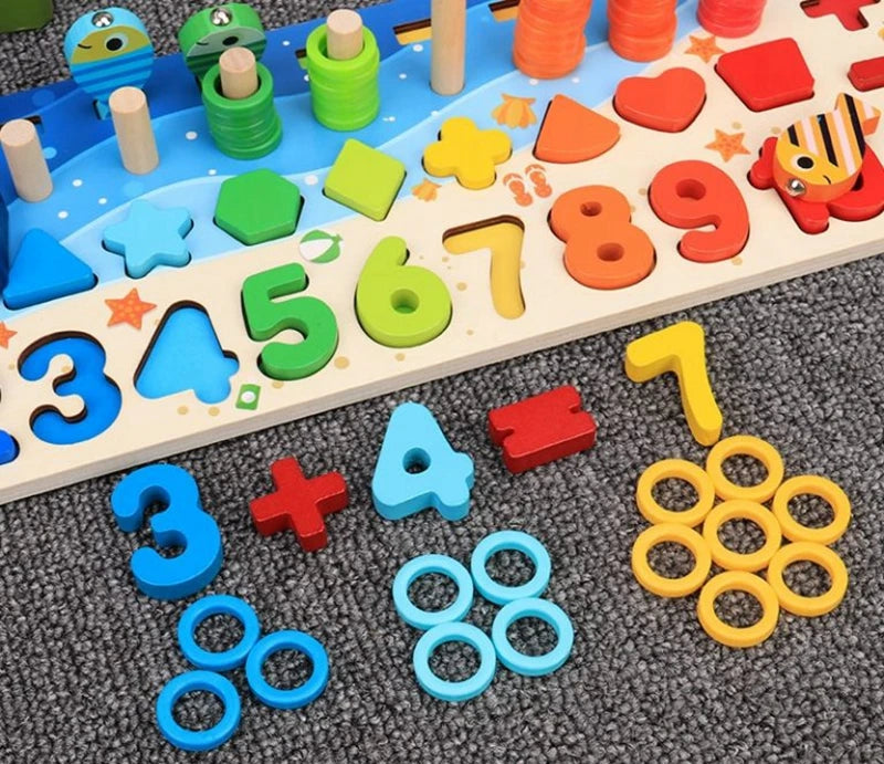 Kinder Montessori Mathe Spielzeug aus Holz – 5-in-1 Lernspaß mit Angelspiel, Zahlen & Formen