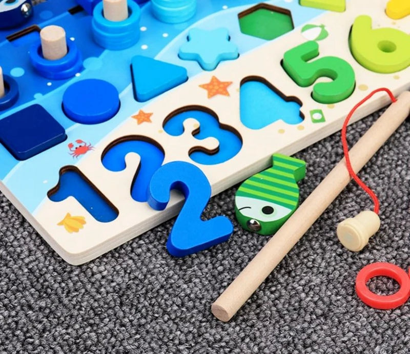 Kinder Montessori Mathe Spielzeug aus Holz – 5-in-1 Lernspaß mit Angelspiel, Zahlen & Formen