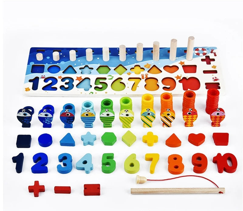 Kinder Montessori Mathe Spielzeug aus Holz – 5-in-1 Lernspaß mit Angelspiel, Zahlen & Formen