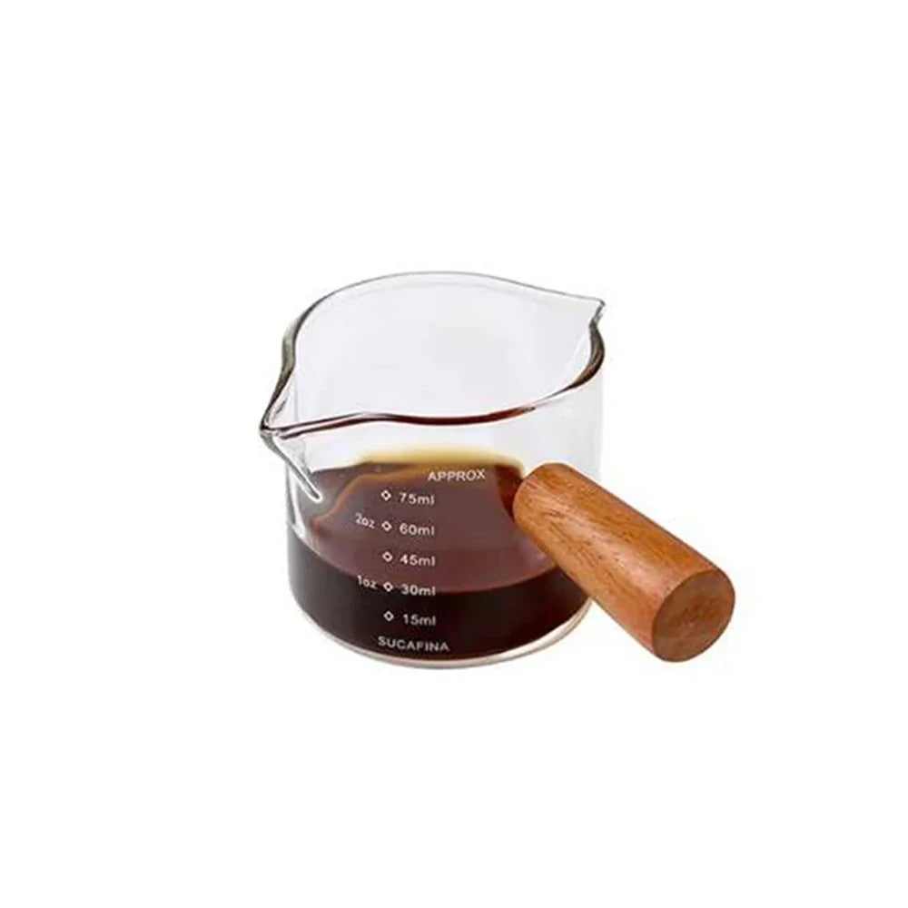Glas Messbecher mit Holzgriff – Perfekt für Espresso, Milch & Kaffee