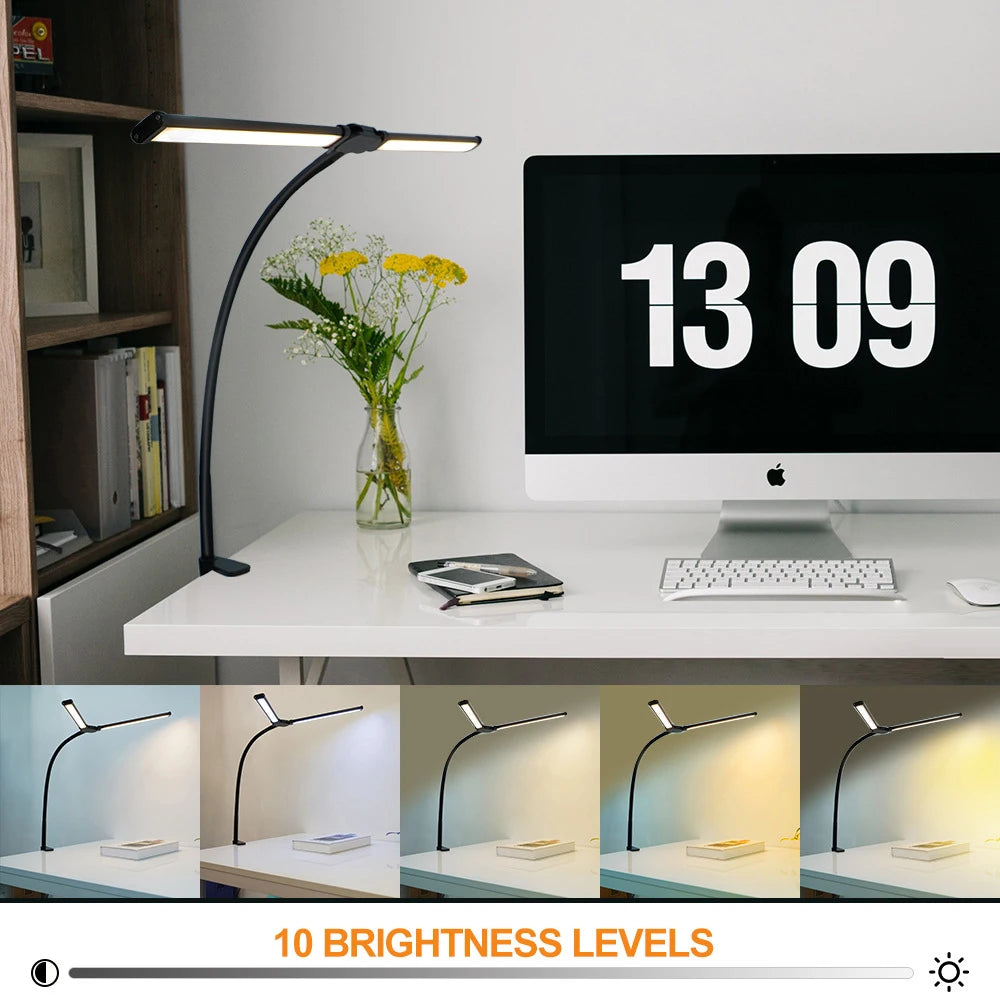 LED-Schreibtischlampe mit Doppelkopf – Flexibel, Augenschonend & Stufenlos Dimmbar für Zuhause und Büro
