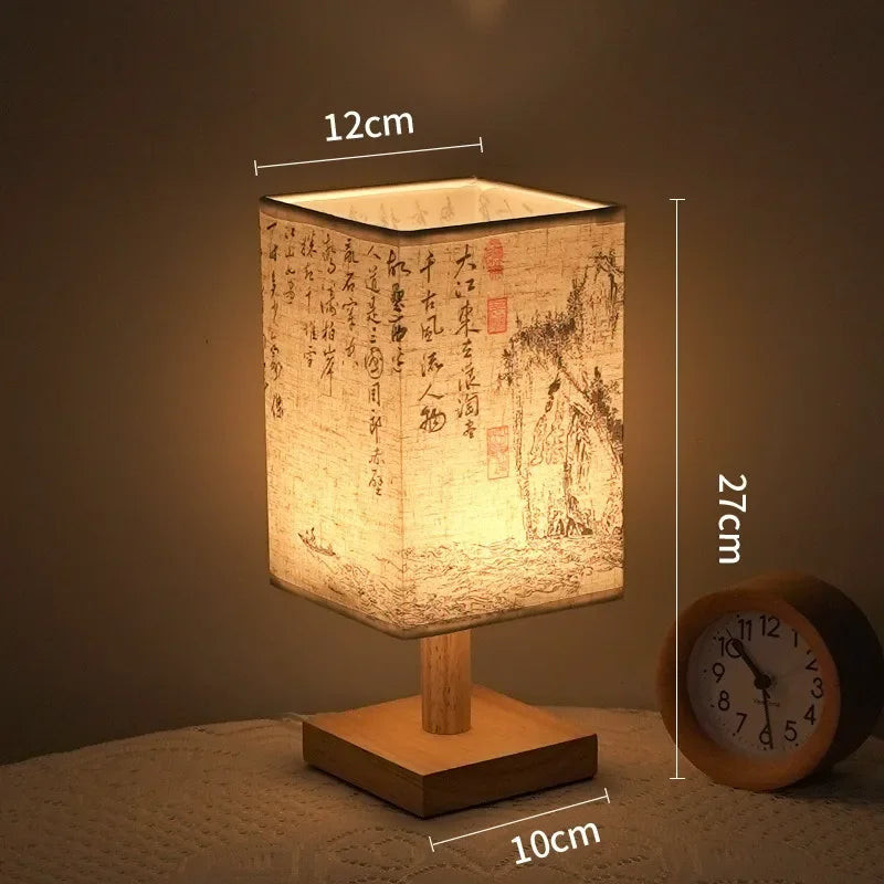 LED Tischlampe im chinesischen Stil – Dimmbar, mit Holzsockel & Stoffschirm – Perfekte Nachttischlampe für Schlafzimmer & Wohnzimmer