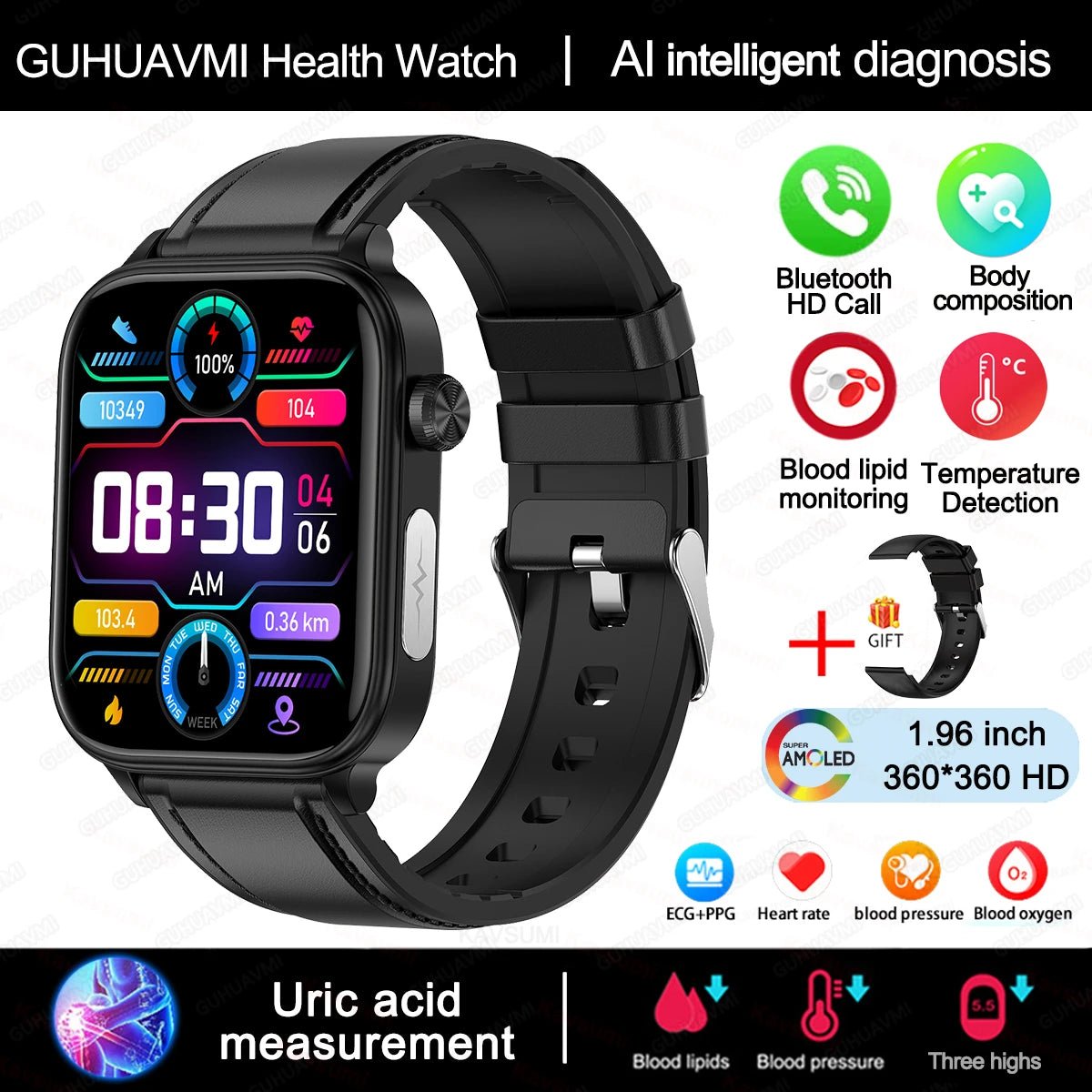 Intelligente Gesundheitsuhr mit Glukose - , Herzfrequenz - & Blutdruckmessung - HomiZen