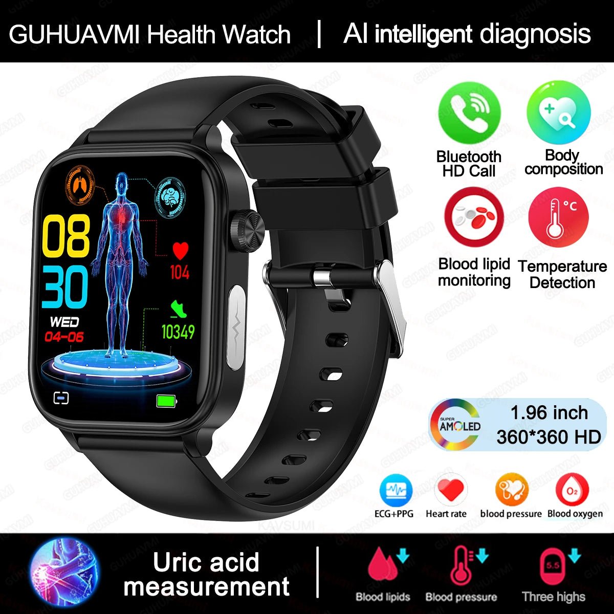 Intelligente Gesundheitsuhr mit Glukose - , Herzfrequenz - & Blutdruckmessung - HomiZen