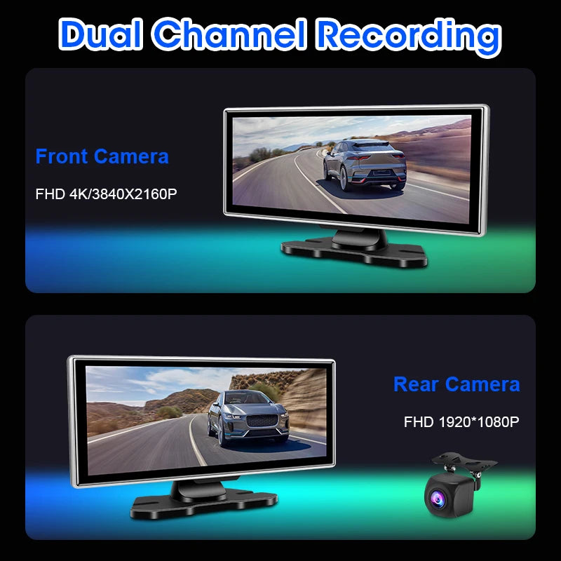 4K Dual Dashcam mit kabellosem CarPlay & Android Auto – GPS-Navigation & WiFi
