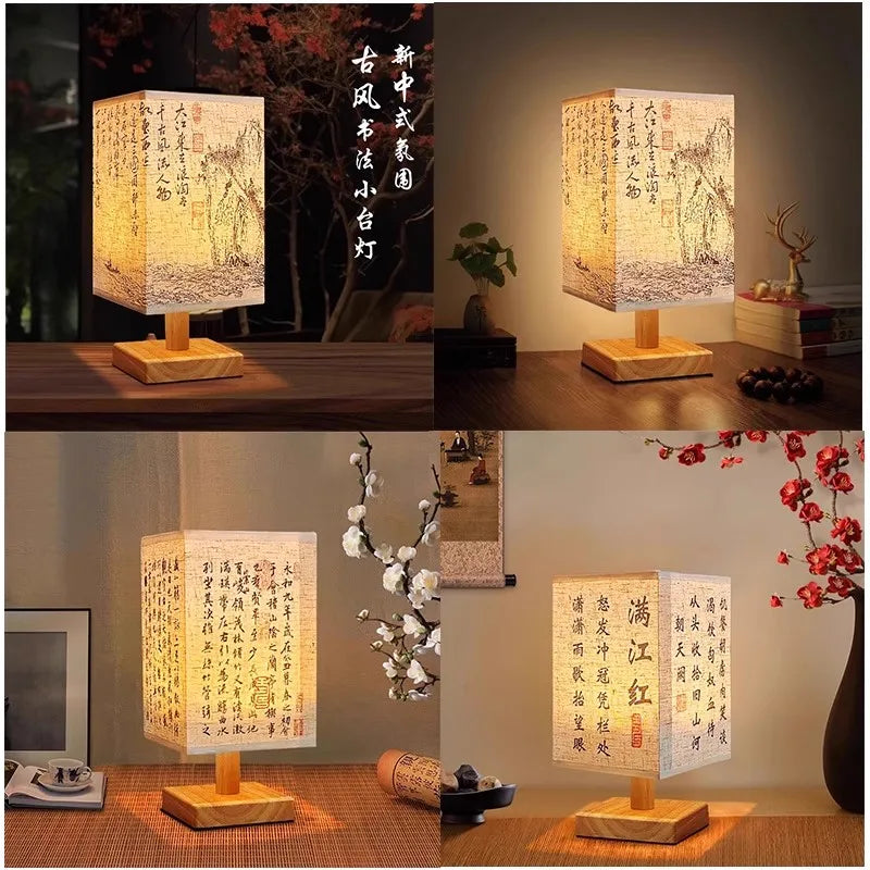 LED Tischlampe im chinesischen Stil – Dimmbar, mit Holzsockel & Stoffschirm – Perfekte Nachttischlampe für Schlafzimmer & Wohnzimmer