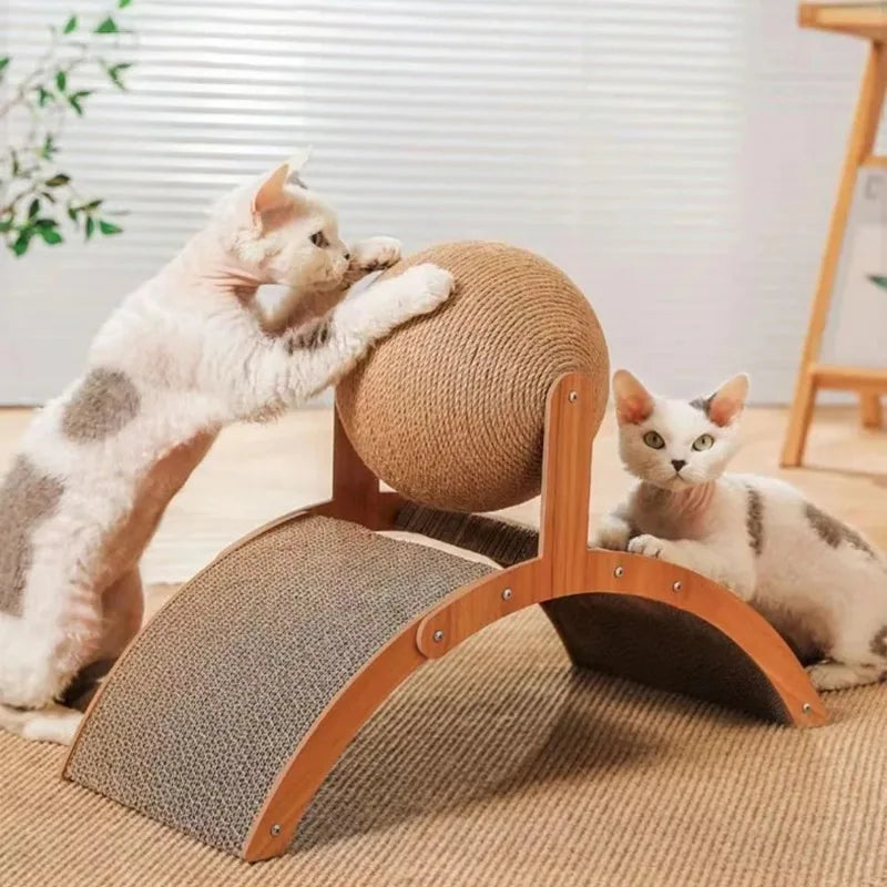 2-in-1-Kratzball für Katzen – Stilvolles Kratzspielzeug aus Massivholz & Sisal, das Krallenpflege und Spiel vereint