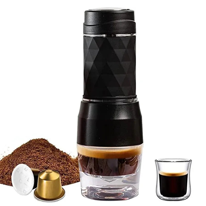 3-in-1 Tragbare Kaffeemaschine – Espresso, Heiß- & Kaltwasser, Kapsel & Pulver | Perfekt für Reisen & Outdoor