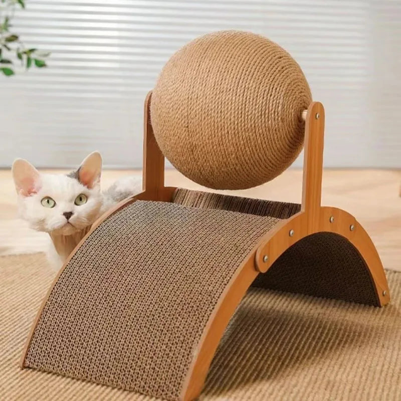 2-in-1-Kratzball für Katzen – Stilvolles Kratzspielzeug aus Massivholz & Sisal, das Krallenpflege und Spiel vereint