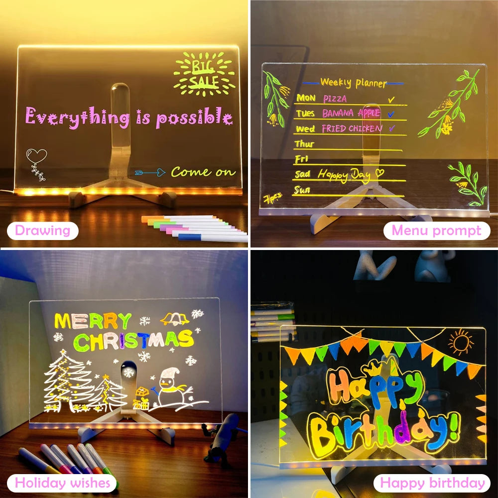 LED-Notiztafel mit Nachtlicht – Buntes DIY-Kinder-Zeichenbrett mit 7 Stiften, Kreatives Geburtstagsgeschenk für Kinder