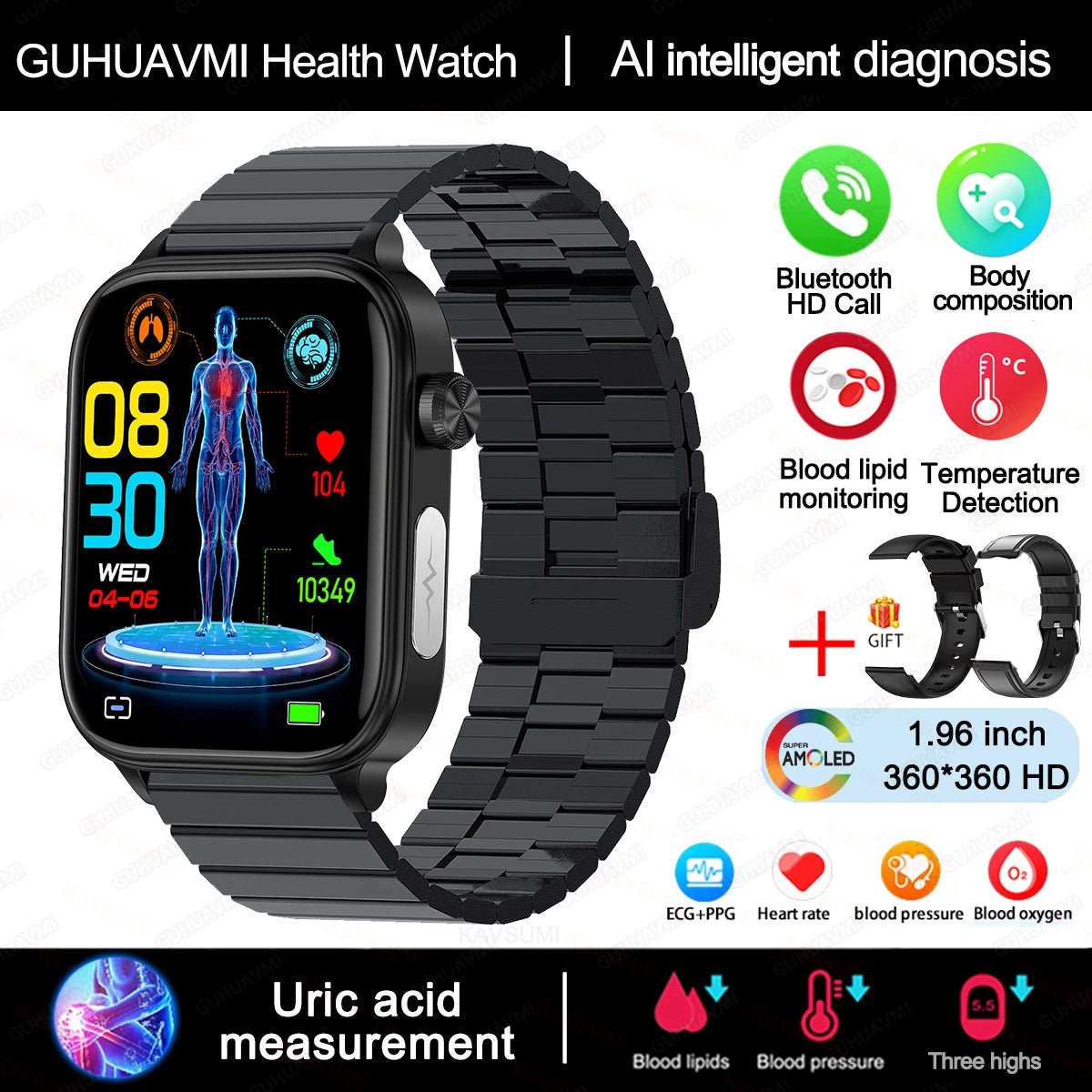 Intelligente Gesundheitsuhr mit Glukose - , Herzfrequenz - & Blutdruckmessung - HomiZen
