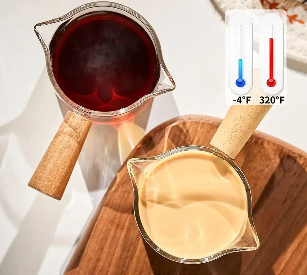 Glas Messbecher mit Holzgriff – Perfekt für Espresso, Milch & Kaffee