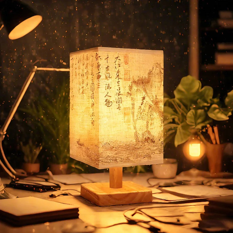 LED Tischlampe im chinesischen Stil – Dimmbar, mit Holzsockel & Stoffschirm – Perfekte Nachttischlampe für Schlafzimmer & Wohnzimmer