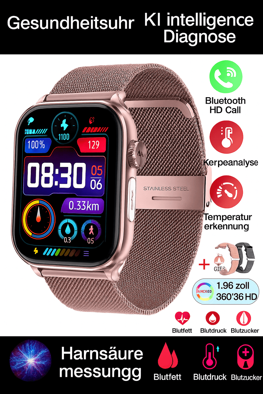 Intelligente Gesundheitsuhr mit Glukose-, Herzfrequenz- & Blutdruckmessung