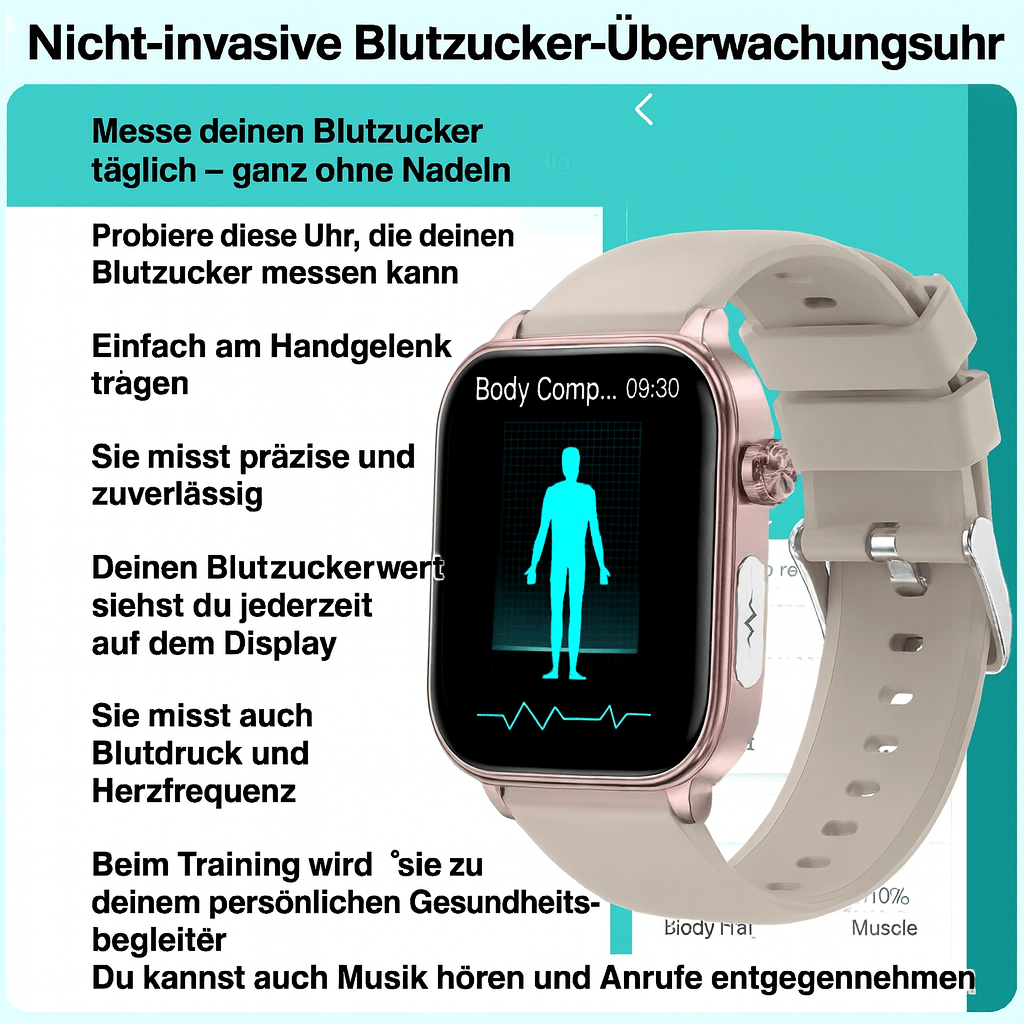 Intelligente Gesundheitsuhr mit Glukose - , Herzfrequenz - & Blutdruckmessung - HomiZen