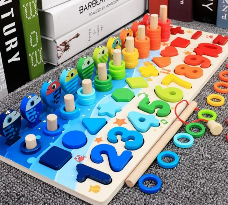 Kinder Montessori Mathe Spielzeug aus Holz – 5-in-1 Lernspaß mit Angelspiel, Zahlen & Formen