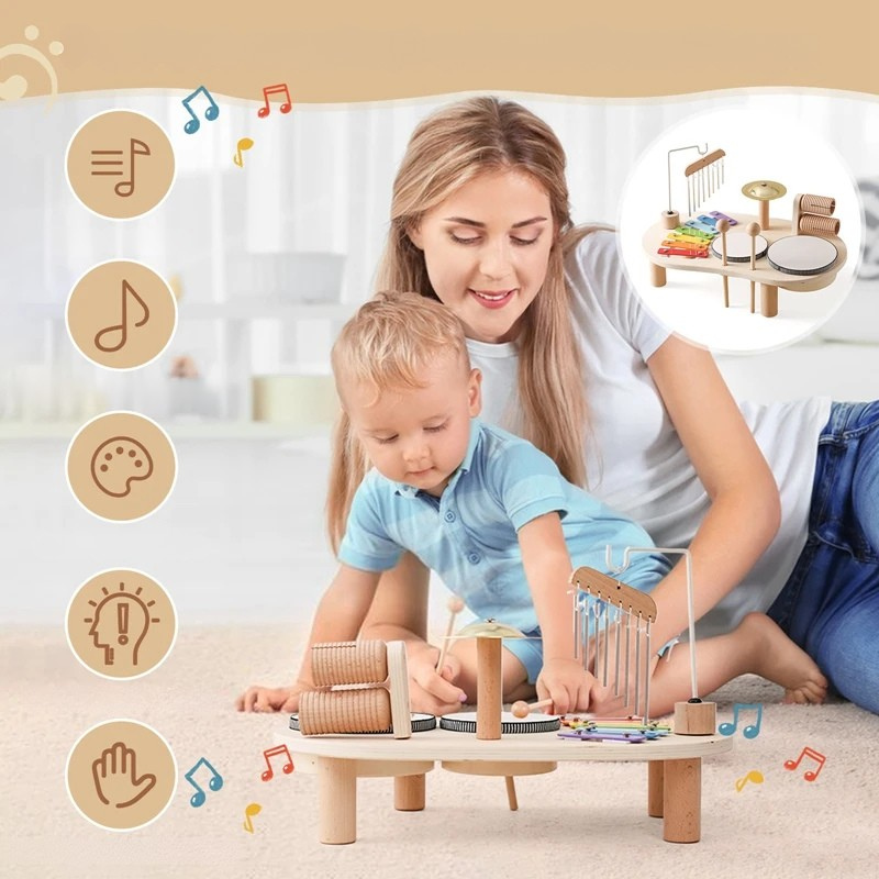 Baby Lernspielzeug aus Holz – Montessori Musikspielzeug mit Äolischen Glocken & Xylophon | Perfektes Geschenk für Geburtstage & Neugeborene