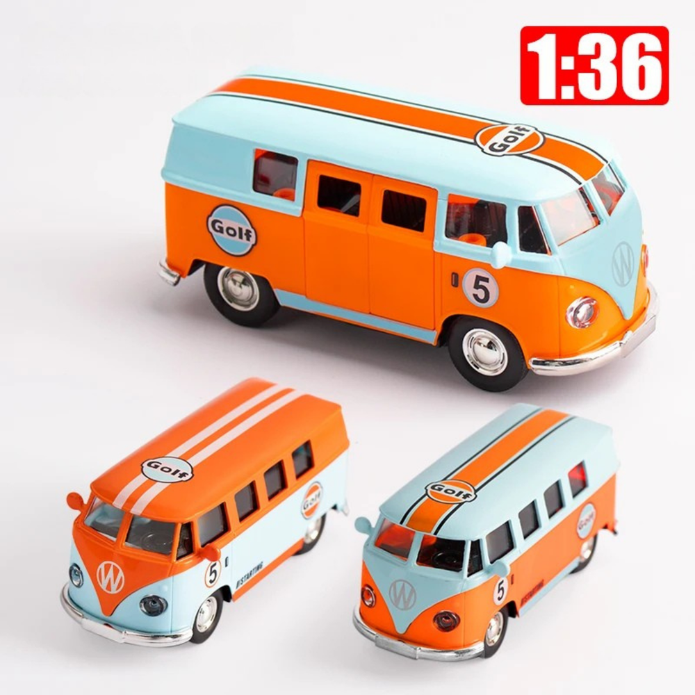 1:36 Volkswagen T1 Bus „Samba“ – Gulf Blue Diecast Modell mit Licht & Sound, Metall 1:32