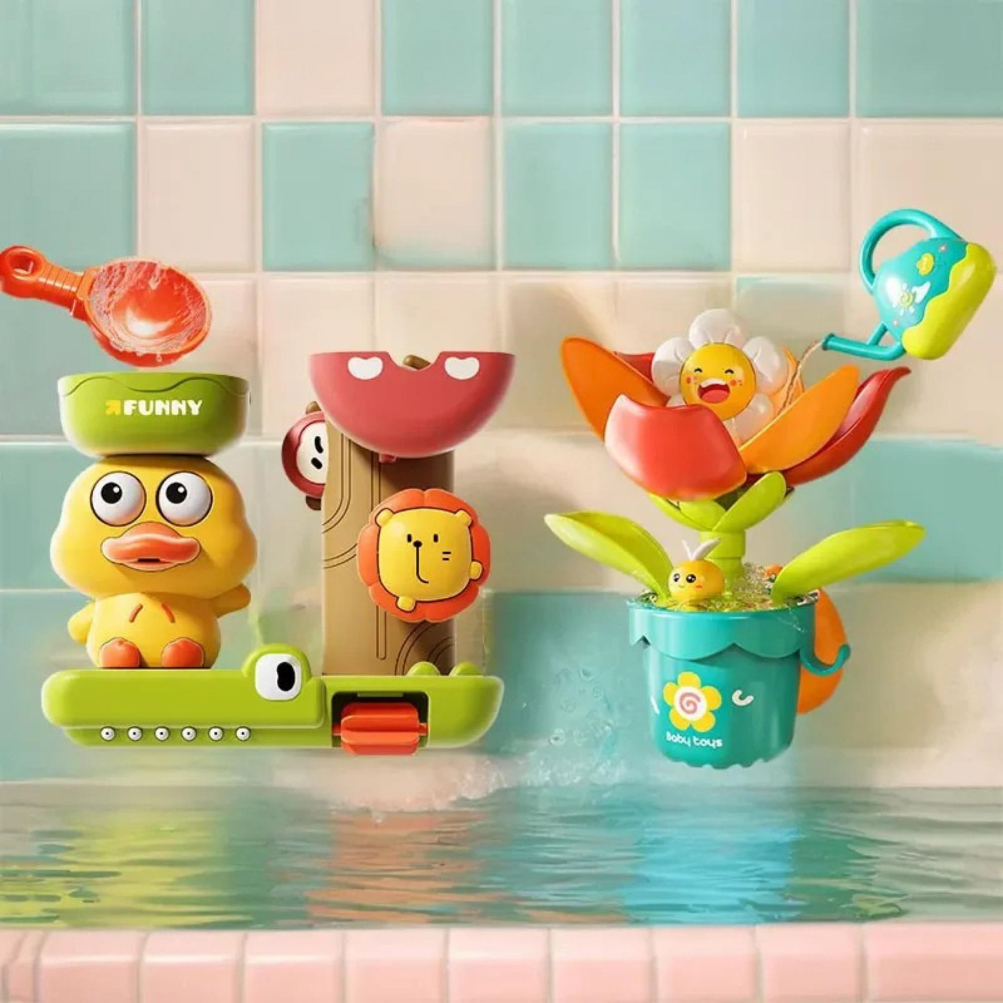 Baby-Badespielzeug mit Ente, Blume & Löwe-Wasserrad – Spaß & Lernen in der Badewanne