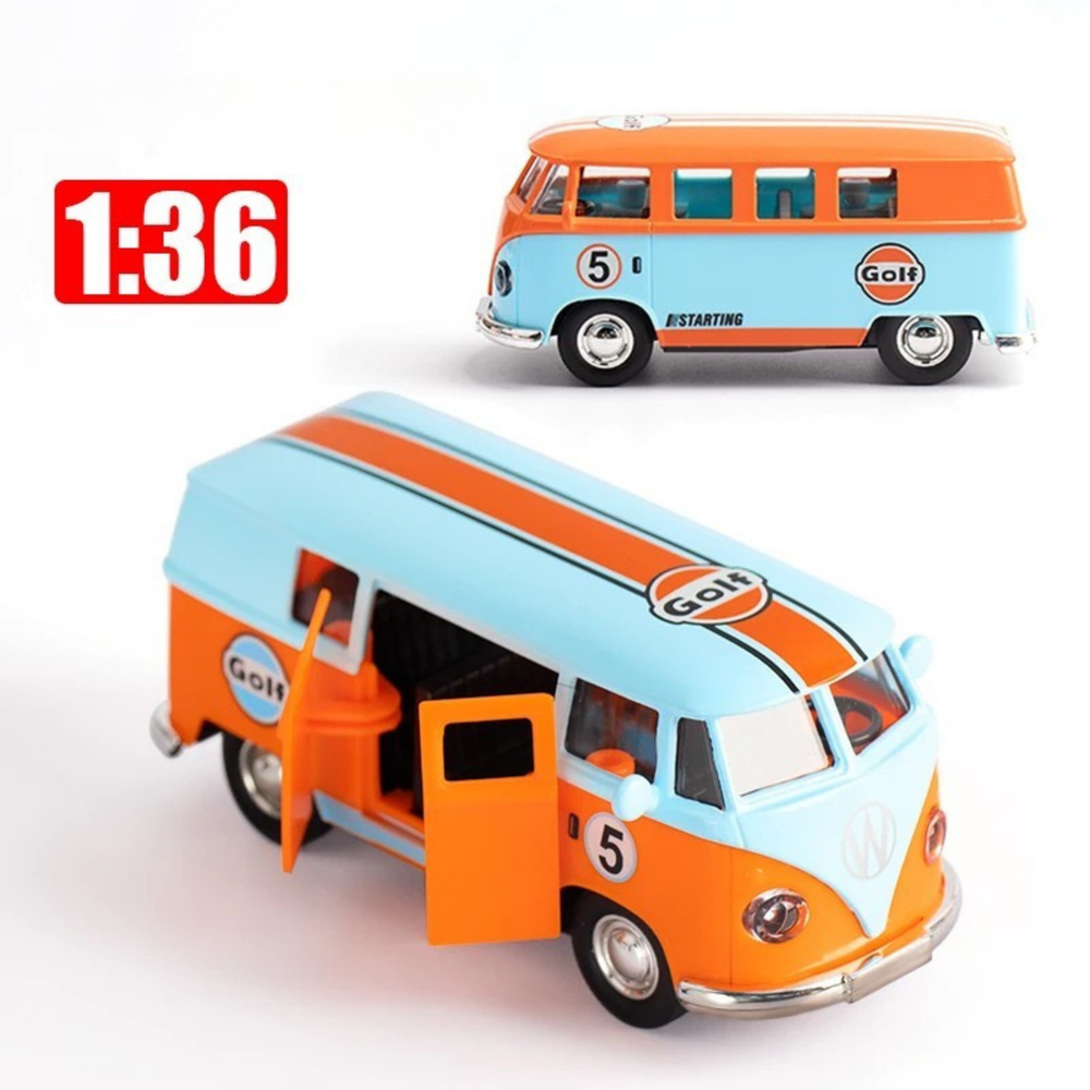 1:36 Volkswagen T1 Bus „Samba“ – Gulf Blue Diecast Modell mit Licht & Sound, Metall 1:32