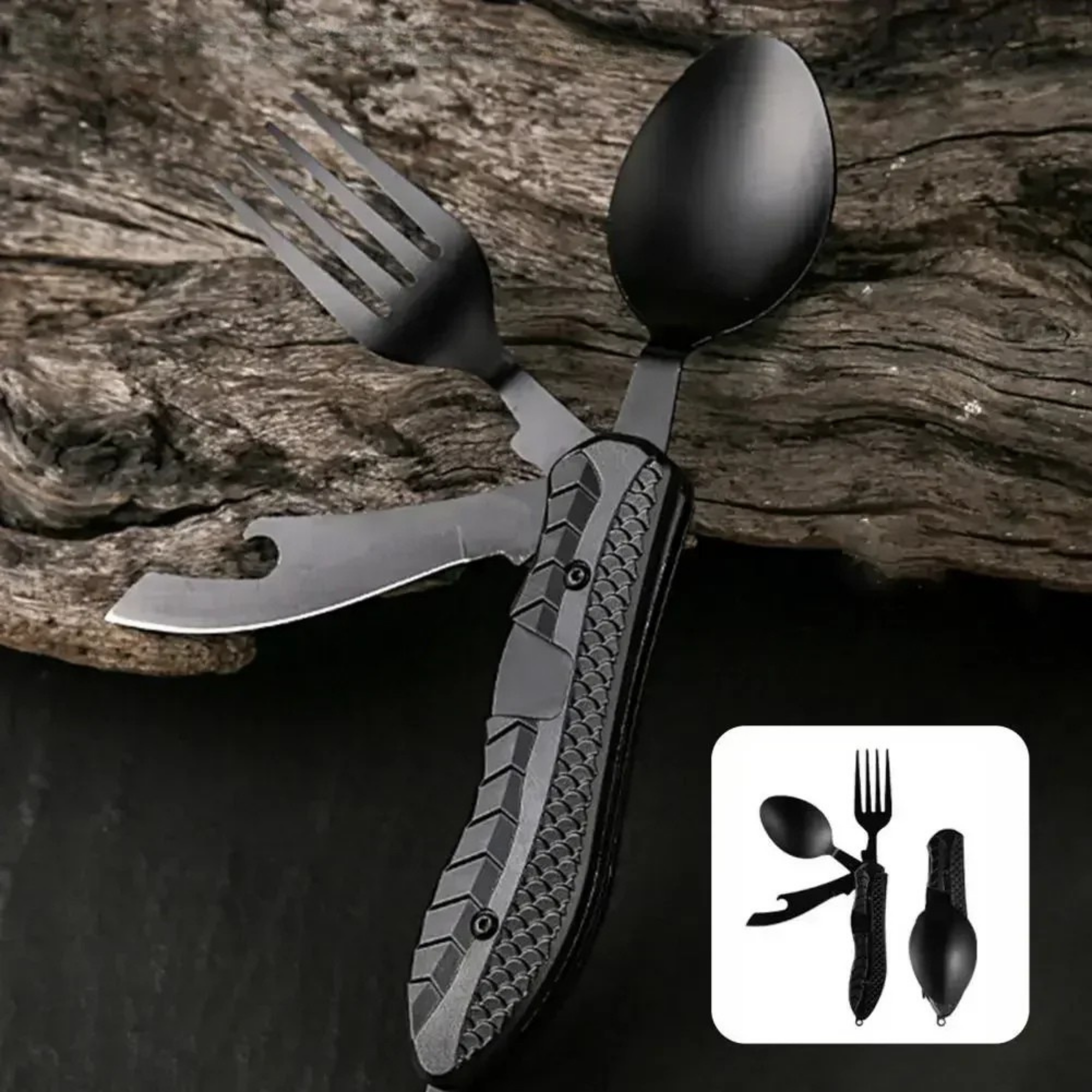 Flaschenöffner 3-in-1 Multitool Camping-Klappmesser – Edelstahl Besteckset mit Gabel, Messer & Löffel, faltbar & kompakt