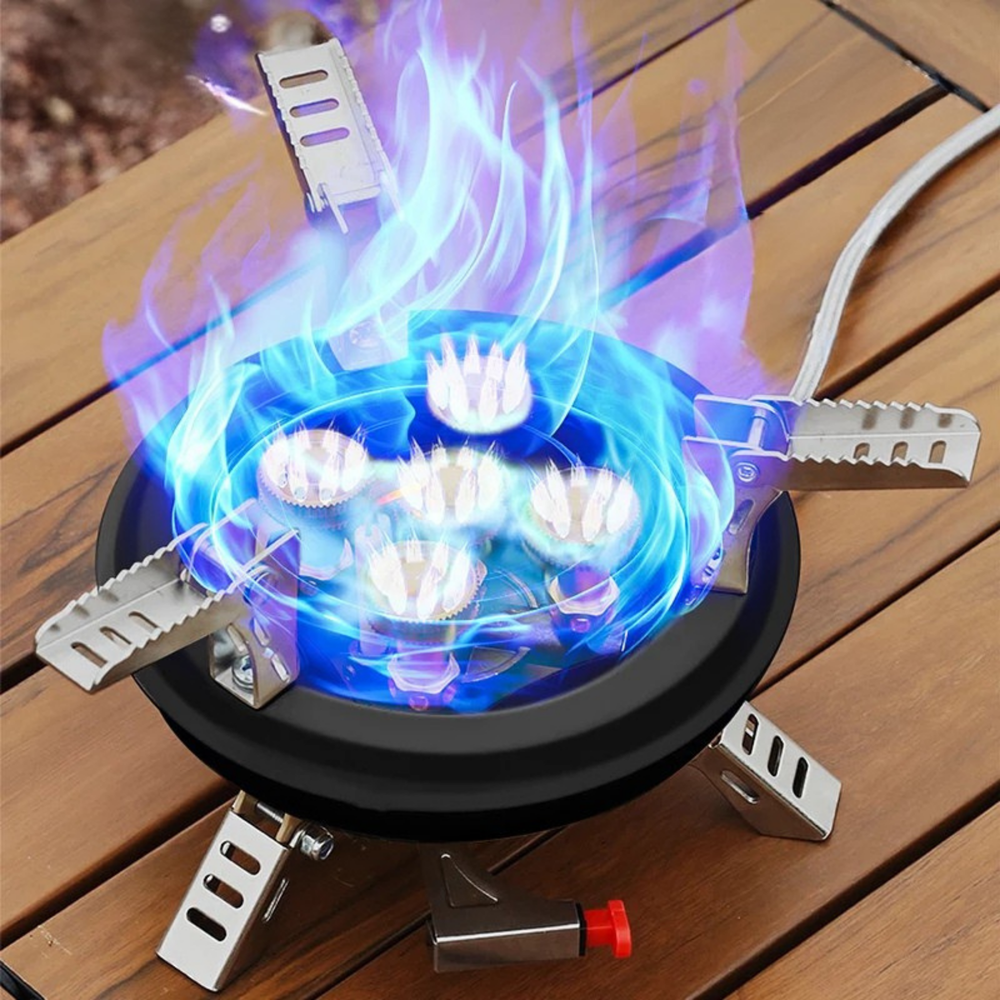 Tragbarer Camping-Gaskocher – 16000 W Hochleistungsbrenner aus Edelstahl mit Piezo-Zündung | Kompakt, Robust & Ideal für Outdoor-Abenteuer