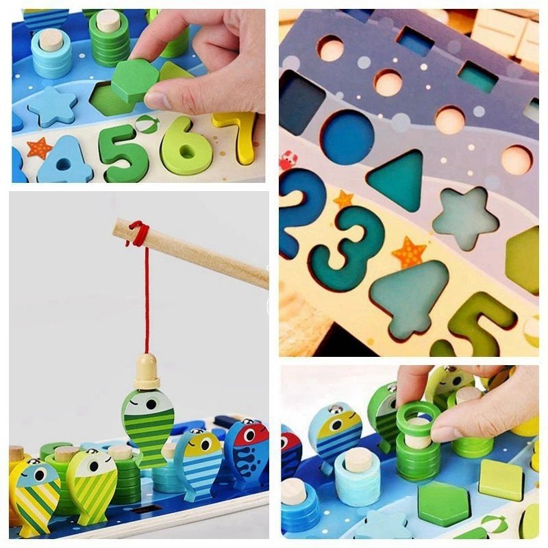Kinder Montessori Mathe Spielzeug aus Holz – 5-in-1 Lernspaß mit Angelspiel, Zahlen & Formen
